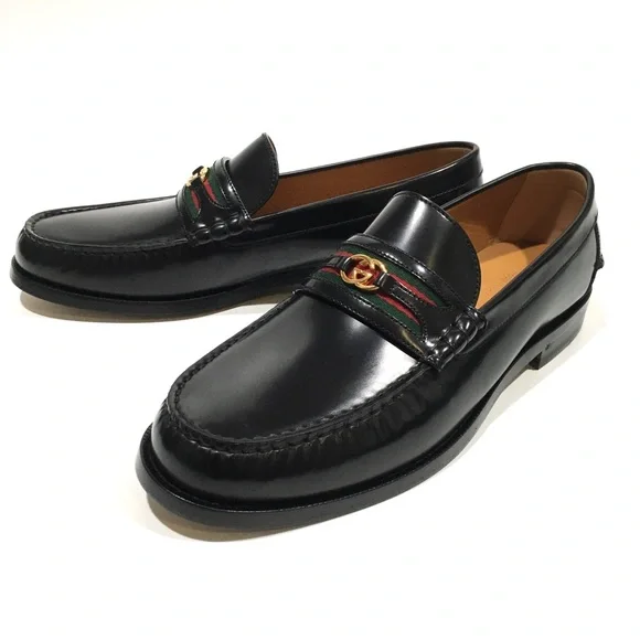 GUCCI INTERLOCKING G WEB LOAFER MOCCASIN -BLACK LEATHER -US 12.5 -NEW - Picture 6 of 10